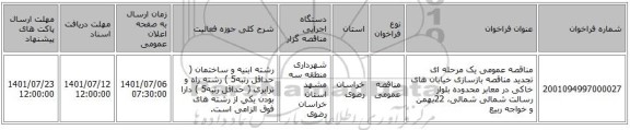 مناقصه، مناقصه عمومی یک مرحله ای تجدید مناقصه بازسازی خیابان های خاکی در معابر محدوده بلوار رسالت شمالی شمالی، 22بهمن و خواجه ربیع