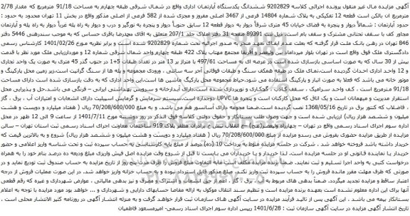 آگهی مزایده ششدانگ یکدستگاه آپارتمان اداری واقع در شمال شرقی طبقه چهارم به مساحت 91/18 مترمربع که مقدار 2/78 مترمربع 