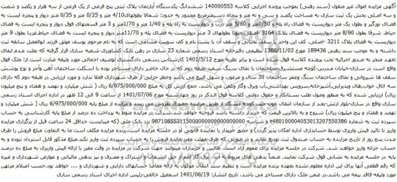 آگهی مزایده ششدانگ یکدستگاه آپارتمان پلاک ثبتی پنج فرعی از یک فرعی از سه هزار و یکصد و شصت و سه اصلی