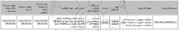 مناقصه، مناقصه عمومی دو مرحله ای عملیات تکمیل ساختمان اداره منابع آب شهرستان زرندیه