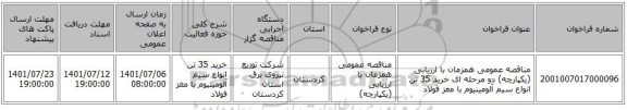 مناقصه، مناقصه عمومی همزمان با ارزیابی (یکپارچه) دو مرحله ای خرید 35 تن انواع سیم آلومینیوم با مغز فولاد