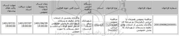 مناقصه، مناقصه عمومی همزمان با ارزیابی (یکپارچه) دو مرحله ای واگذاری بخشی از خدمات واحد تنظیف و پسماند شهرداری به بخش خصوصی