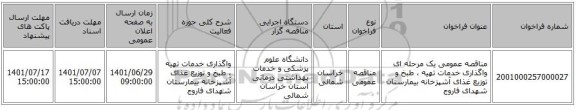 مناقصه، مناقصه عمومی یک مرحله ای واگذاری خدمات تهیه ، طبخ و توزیع غذای آشپزخانه بیمارستان شهدای فاروج