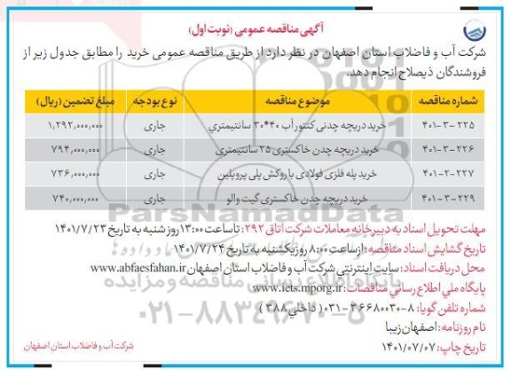 مناقصه خرید دریچه چدنی کنتور.....