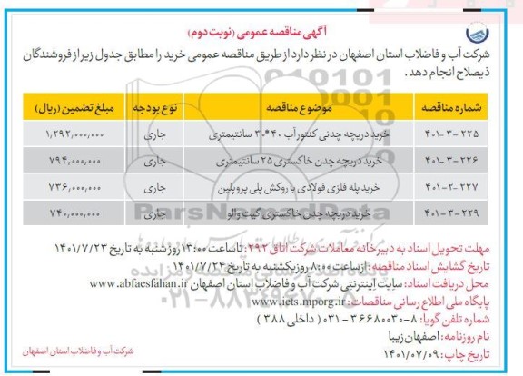 مناقصه خرید دریچه چدنی کنتور... نوبت دوم