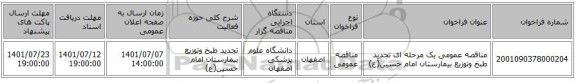 مناقصه، مناقصه عمومی یک مرحله ای تجدید طبخ وتوزیع بیمارستان امام حسین(ع)