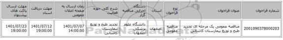 مناقصه، مناقصه عمومی یک مرحله ای تجدید طبخ و توزیع بیمارستان کاشانی