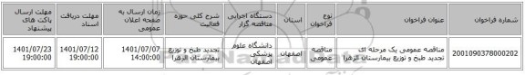 مناقصه، مناقصه عمومی یک مرحله ای تجدید طبخ و توزیع بیمارستان الزهرا