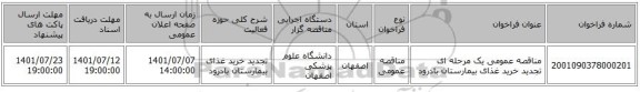 مناقصه، مناقصه عمومی یک مرحله ای تجدید خرید غذای بیمارستان بادرود