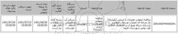 مناقصه، مناقصه عمومی همزمان با ارزیابی (یکپارچه) یک مرحله ای عملیات توسعه ، اصلاح و بازسازی شبکه توزیع آب و انشعابات خانگی کوت نواصر شهرستان کارون