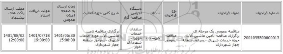 مناقصه، مناقصه عمومی یک مرحله ای برگزاری مناقصه تامین ماشین آلات حوزه خدمات شهری -عمرانی  منطقه چهار شهرداری