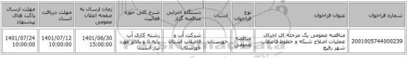 مناقصه، مناقصه عمومی یک مرحله ای اجرای عملیات اصلاح شبکه و خطوط فاضلاب شهر رفیع