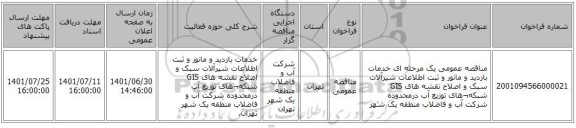 مناقصه، مناقصه عمومی یک مرحله ای خدمات بازدید و مانور و ثبت اطلاعات شیرآلات سبک و اصلاح نقشه های GIS شبکه¬های توزیع آب درمحدوده شرکت آب و فاضلاب منطقه یک شهر