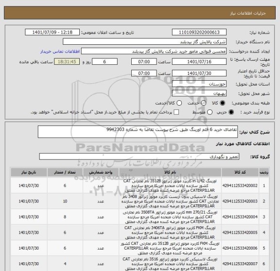 استعلام تقاضای خرید 6 قلم اورینگ طبق شرح پیوست تقاضا به شماره 9942303