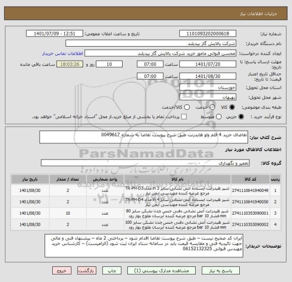 استعلام تقاضای خرید 4 قلم ولو هایدرنت طبق شرح پیوست تقاضا به شماره 0049617