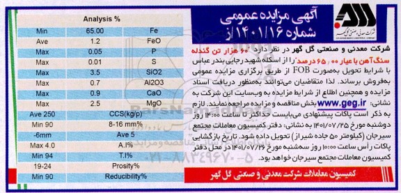 مناقصه و مزایده 60 هزار تن گندله سنگ آهن با عیار 65/00 درصد