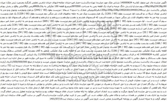 آگهی مزایده میزان 160و224/28و160و180سهم مشاع ازشش دانگ عرصه و اعیان یک قطعه زمین به مساحت 3970500مترمربع قطعه 100 تفکیکی به پلاک9926فرعی از38اصلی 