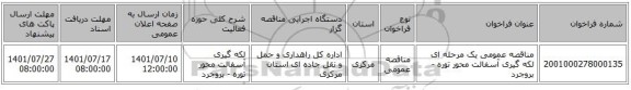 مناقصه، مناقصه عمومی یک مرحله ای لکه گیری آسفالت محور توره - بروجرد