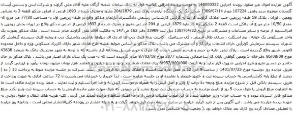 آگهی مزایده ششدانگ یک دستگاه آپارتمان پلاک ثبتی 204/1879 مفروز و مجزی شده از 1693 فرعی از اصلی