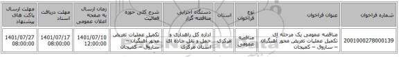 مناقصه، مناقصه عمومی یک مرحله ای تکمیل عملیات تعریض محور آهنگران – ساروق – کمیجان