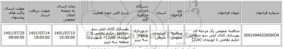 مناقصه، مناقصه عمومی یک مرحله ای بهسازی کانال ایلی سو حدفاصل حکیم نظامی تا ابوریحان (فاز2)