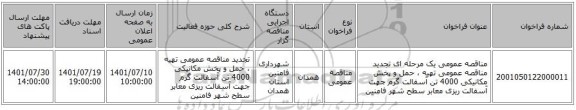 مناقصه، مناقصه عمومی یک مرحله ای  تجدید مناقصه عمومی تهیه ، حمل و پخش مکانیکی 4000 تن آسفالت گرم جهت آسفالت ریزی معابر سطح شهر فامنین