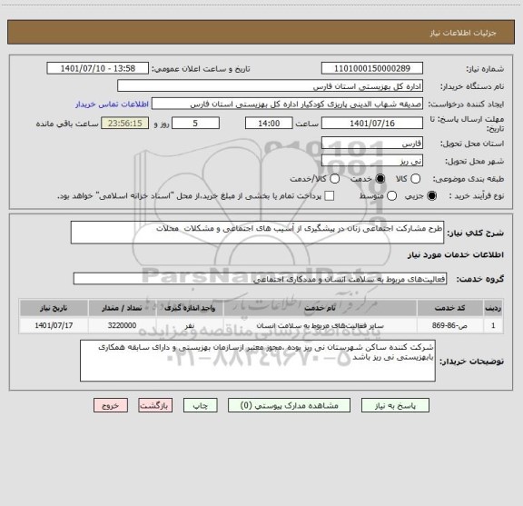 استعلام طرح مشارکت اجتماعی زنان در پیشگیری از آسیب های اجتماعی و مشکلات  محلات