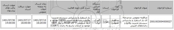 مناقصه، مناقصه عمومی دو مرحله ای باز استقرار و پشتیبانی سیستم مدیریت وقایع و رخدادهای امنیتی