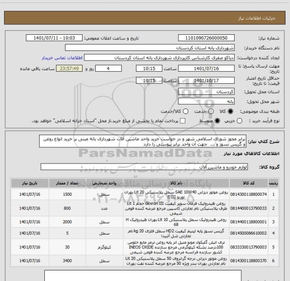 استعلام برابر مجوز شورای اسلامی شهر و در خواست خرید واحد ماشین آلات شهرداری بانه مبنی بر خرید انواع روغن و گریس نسوز و ...  جهت آن واحد برابر پیوستی را دارد