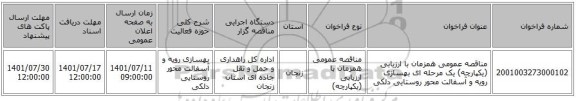 مناقصه، مناقصه عمومی همزمان با ارزیابی (یکپارچه) یک مرحله ای بهسازی رویه و آسفالت محور روستایی دلکی