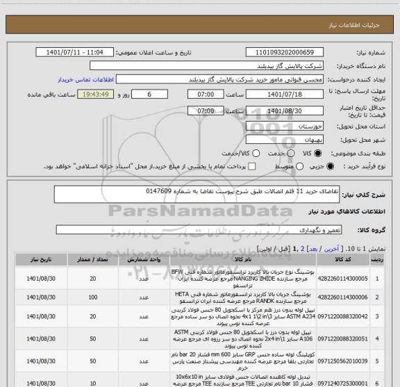 استعلام تقاضای خرید 11 قلم اتصالات طبق شرح پیوست تقاضا به شماره 0147609