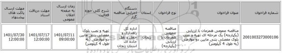 مناقصه، مناقصه عمومی همزمان با ارزیابی (یکپارچه) یک مرحله ای تهیه و نصب بلوک مفصلی بتنی مابین دو عوارضی (به طول 4 کیلومتر)