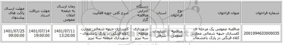 مناقصه، مناقصه عمومی یک مرحله ای کفسازی جبهه شمالی عمارت کلاه فرنگی در پارک باغشمال