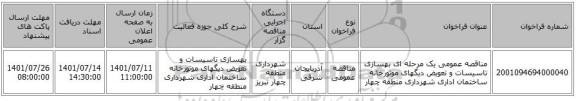 مناقصه، مناقصه عمومی یک مرحله ای بهسازی تاسیسات و تعویض دیگهای موتورخانه ساختمان اداری شهرداری منطقه چهار