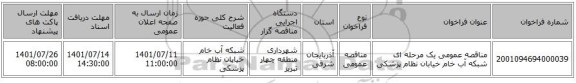 مناقصه، مناقصه عمومی یک مرحله ای شبکه آب خام خیابان نظام پزشکی