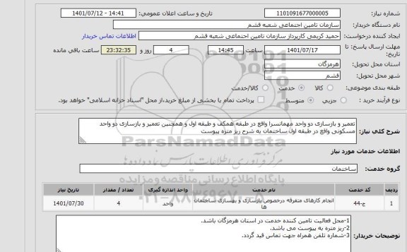 استعلام تعمیر و بازسازی دو واحد مهمانسرا واقع در طبقه همکف و طبقه اول و همچنین تعمیر و بازسازی دو واحد مسکونی واقع در طبقه اول ساختمان به شرح ریز متره پیوست