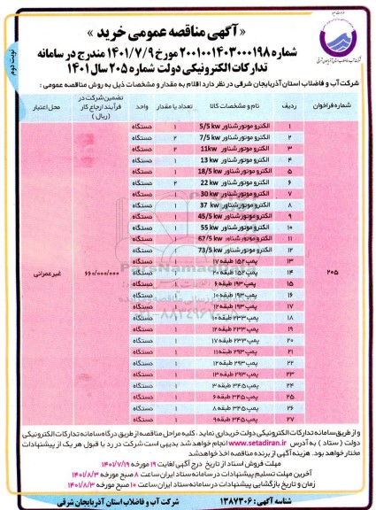 مناقصه عمومی الکتروموتور شناور 5/5KW... نوبت دوم