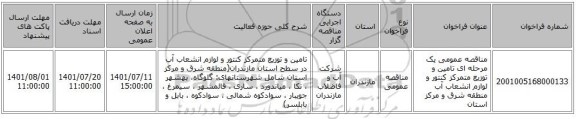 مناقصه، مناقصه عمومی یک مرحله ای تامین و توزیع متمرکز کنتور و لوازم انشعاب آب  منطقه شرق و مرکز استان