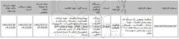 مناقصه، مناقصه عمومی یک مرحله ای برونسپاری راهبری ، بهره برداری ، نگهداشت ، توسعه ، بازسازی و...شبکه های آب شرب روستایی شهرستان ملایر