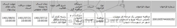 مناقصه، مناقصه عمومی یک مرحله ای عملیات تکمیلی شبکه توزیع و انشعابات آب شرب شهر حر شهرستان شوش