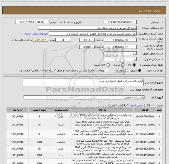 استعلام لوازم یکبار مصرف از قبیل :جعبه پیتزا و...