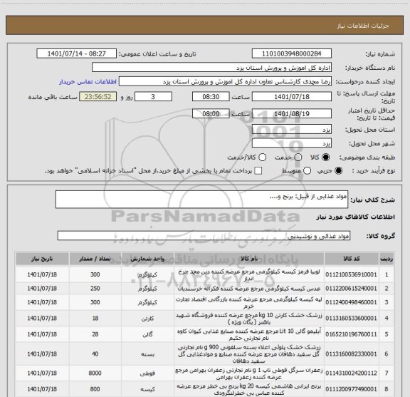 استعلام مواد غذایی از قبیل: برنج و....