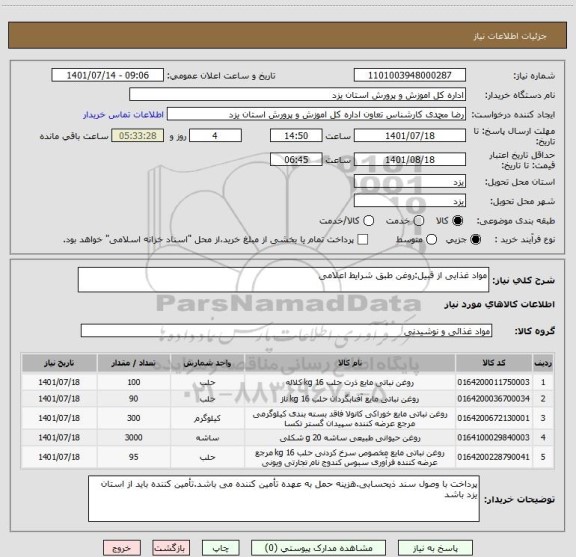 استعلام مواد غذایی از قبیل:روغن طبق شرایط اعلامی