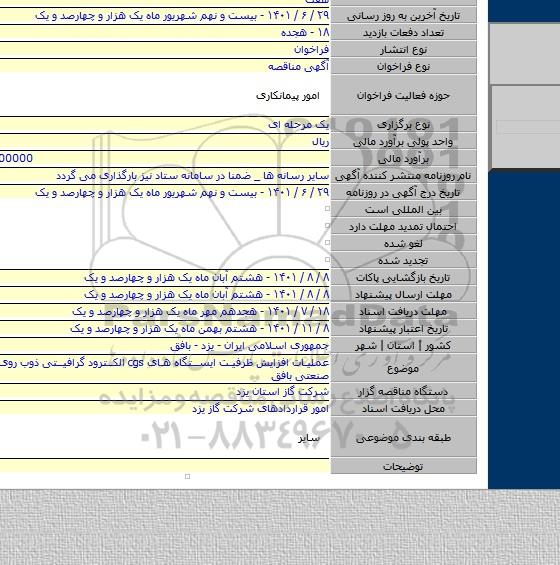 مناقصه, عملیات افزایش ظرفیت ایستگاه های cgs الکترود گرافیتی ذوب روی و شهرک صنعتی بافق