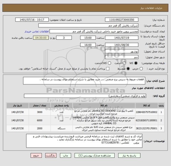 استعلام  قطعات مربوط به سینی برج صنعتی .... خرید مطابق با شرح استعلام بهای پیوست در سامانه .