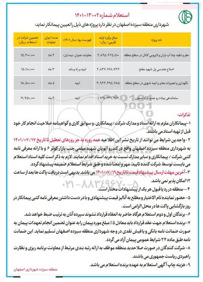 استعلام حفر و تنقیه چاه آب باران و لایروبی کانال ...