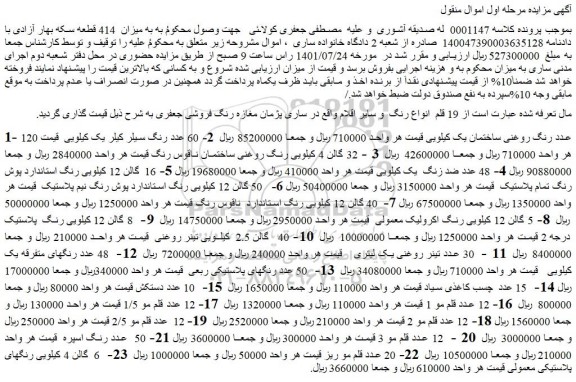 مزایده فروش  19 قلم  انواع رنگ  و سایر اقلام  