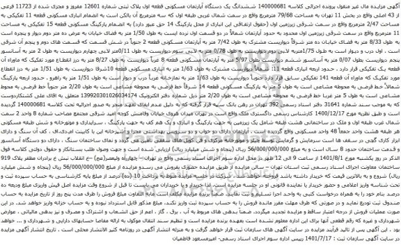 آگهی مزایده ششدانگ یک دستگاه آپارتمان مسکونی قطعه اول پلاک ثبتی شماره 12601 مفروز و مجزی شده از 11723 فرعی از 43 اصلی