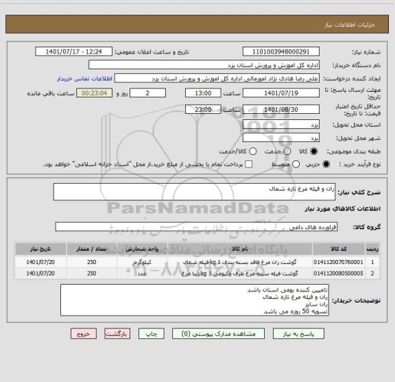 استعلام ران و فیله مرغ تازه شمال