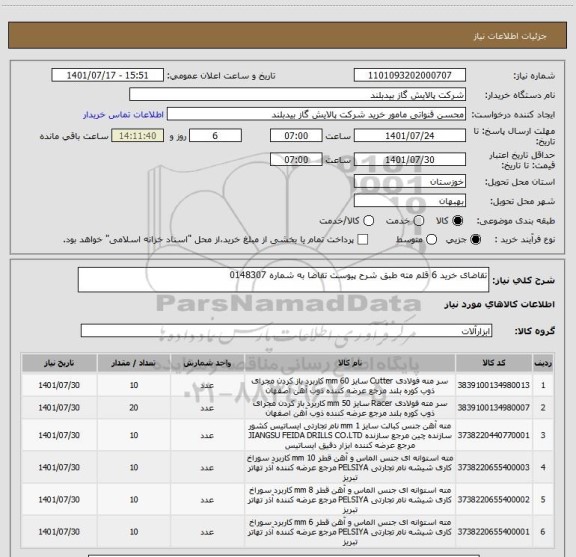 استعلام تقاضای خرید 6 قلم مته طبق شرح پیوست تقاضا به شماره 0148307